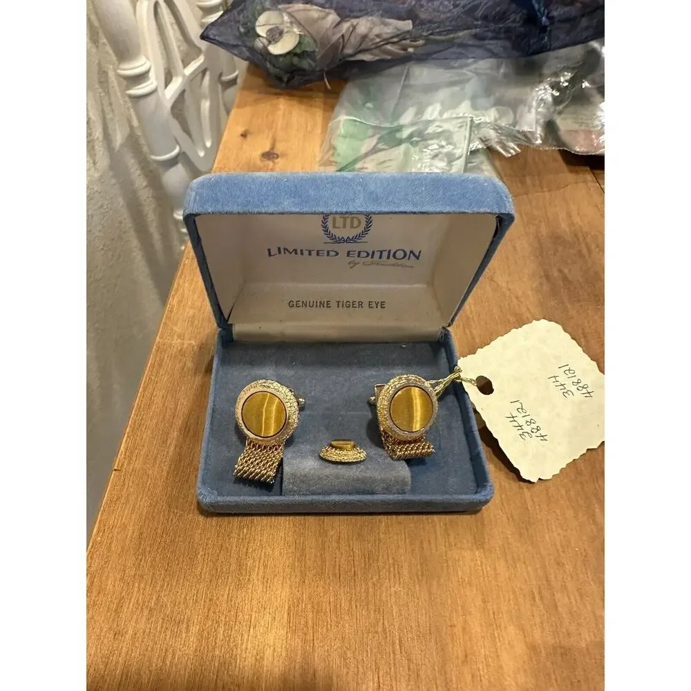 Limited Edition Men's Cufflinks TIGERS EYE GOLD TONE LINK CUFFLINKS PAIR SET